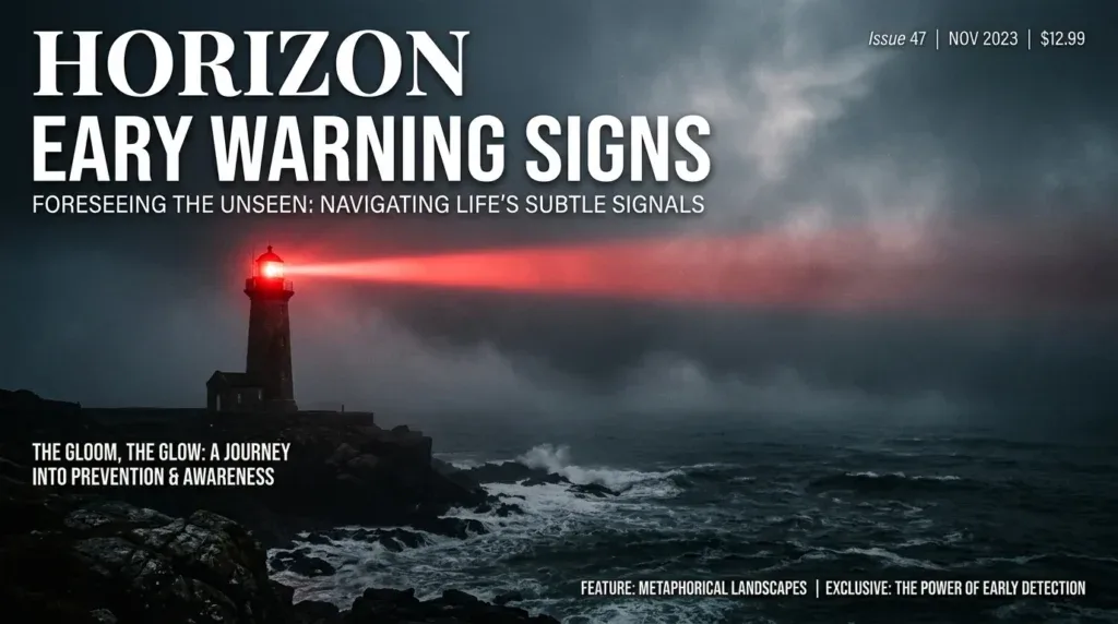 For this article, select a creative concept directly related to the topic, and create visuals with cinematic quality and the aesthetic of an editorial magazine cover, ensuring each composition is unique and distinct. The visuals must be in landscape format, with a 16:9 aspect ratio, and feature a wide, horizontal composition—vertical or square formats are strictly prohibited. Wide landscape format only, no portrait, no square.“What to Watch Out For: Early Warning Signs”