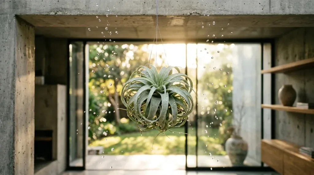 For this article, select a creative concept directly related to the topic, and create visuals with cinematic quality and the aesthetic of an editorial magazine cover, ensuring each composition is unique and distinct. The visuals must be in landscape format, with a 16:9 aspect ratio, and feature a wide, horizontal composition—vertical or square formats are strictly prohibited. Wide landscape format only, no portrait, no square.“The Art of Hydration: Mastering Your Air Plant's Thirst”