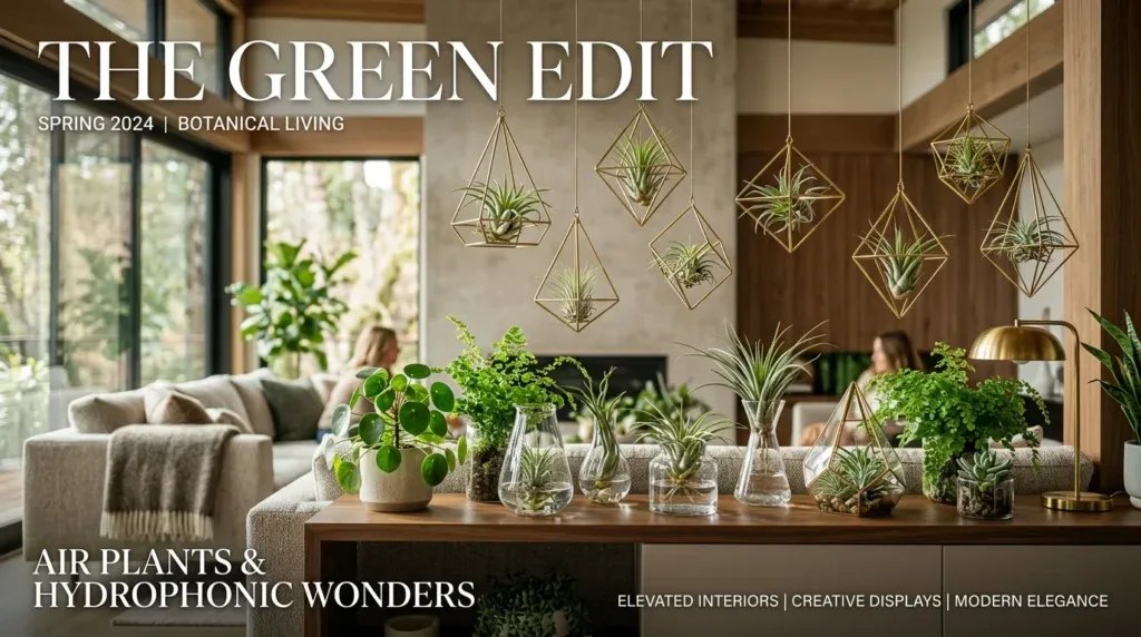 For this article, select a creative concept directly related to the topic, and create visuals with cinematic quality and the aesthetic of an editorial magazine cover, ensuring each composition is unique and distinct. The visuals must be in landscape format, with a 16:9 aspect ratio, and feature a wide, horizontal composition—vertical or square formats are strictly prohibited. Wide landscape format only, no portrait, no square.“Showcasing Your Soil-Free Beauties: Creative Display Ideas”