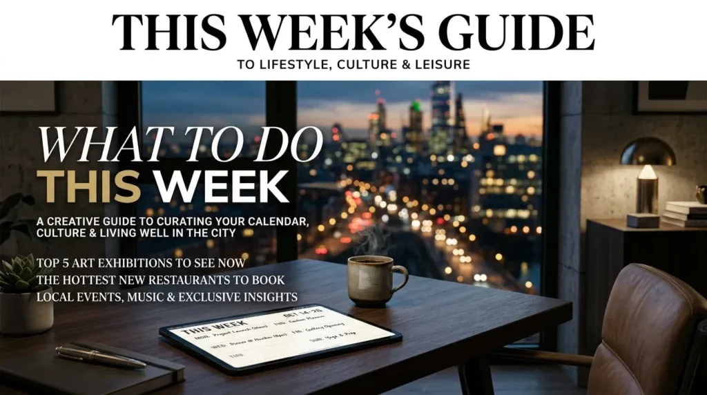 For this article, select a creative concept directly related to the topic, and create visuals with cinematic quality and the aesthetic of an editorial magazine cover, ensuring each composition is unique and distinct. The visuals must be in landscape format, with a 16:9 aspect ratio, and feature a wide, horizontal composition—vertical or square formats are strictly prohibited. Wide landscape format only, no portrait, no square.“Quick "What to Do This Week" Takeaway”