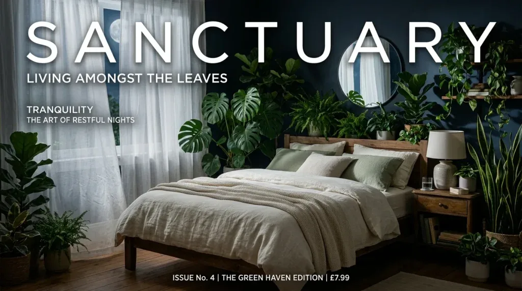 For this article, select a creative concept directly related to the topic, and create visuals with cinematic quality and the aesthetic of an editorial magazine cover, ensuring each composition is unique and distinct. The visuals must be in landscape format, with a 16:9 aspect ratio, and feature a wide, horizontal composition—vertical or square formats are strictly prohibited. Wide landscape format only, no portrait, no square.“The Green Prescription for Rest: How Plants Elevate Your Sleep Space”