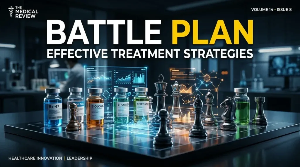 For this article, select a creative concept directly related to the topic, and create visuals with cinematic quality and the aesthetic of an editorial magazine cover, ensuring each composition is unique and distinct. The visuals must be in landscape format, with a 16:9 aspect ratio, and feature a wide, horizontal composition—vertical or square formats are strictly prohibited. Wide landscape format only, no portrait, no square.“Battle Plan: Effective Treatment Strategies”