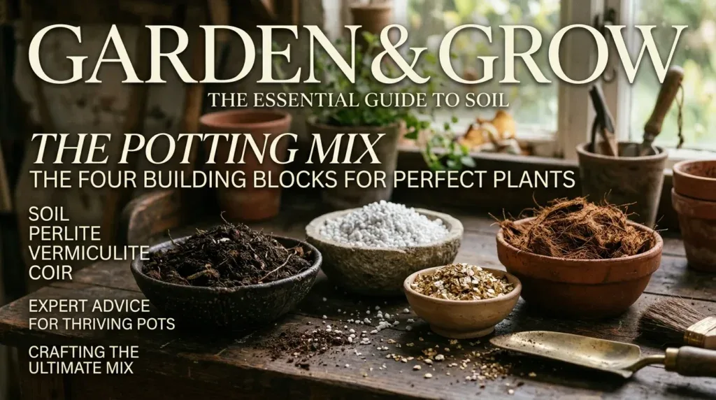 For this article, select a creative concept directly related to the topic, and create visuals with cinematic quality and the aesthetic of an editorial magazine cover, ensuring each composition is unique and distinct. The visuals must be in landscape format, with a 16:9 aspect ratio, and feature a wide, horizontal composition—vertical or square formats are strictly prohibited. Wide landscape format only, no portrait, no square.“The Essential Building Blocks of a Great Potting Mix”