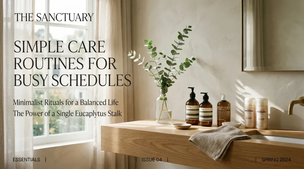 For this article, select a creative concept directly related to the topic, and create visuals with cinematic quality and the aesthetic of an editorial magazine cover, ensuring each composition is unique and distinct. The visuals must be in landscape format, with a 16:9 aspect ratio, and feature a wide, horizontal composition—vertical or square formats are strictly prohibited. Wide landscape format only, no portrait, no square.“Simple Care Routines for Busy Schedules”
