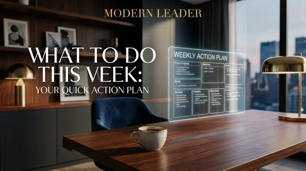 For this article, select a creative concept directly related to the topic, and create visuals with cinematic quality and the aesthetic of an editorial magazine cover, ensuring each composition is unique and distinct. The visuals must be in landscape format, with a 16:9 aspect ratio, and feature a wide, horizontal composition—vertical or square formats are strictly prohibited. Wide landscape format only, no portrait, no square.“What to Do This Week: Your Quick Action Plan”