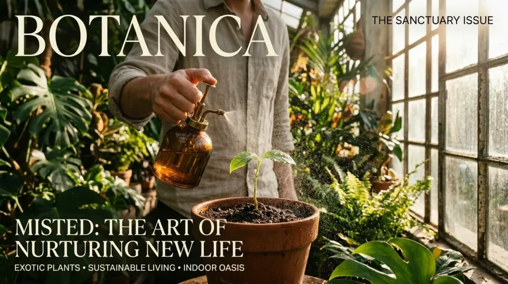 For this article, select a creative concept directly related to the topic, and create visuals with cinematic quality and the aesthetic of an editorial magazine cover, ensuring each composition is unique and distinct. The visuals must be in landscape format, with a 16:9 aspect ratio, and feature a wide, horizontal composition—vertical or square formats are strictly prohibited. Wide landscape format only, no portrait, no square.“Troubleshooting & Beyond: Nurturing Your New Plant's Growth”