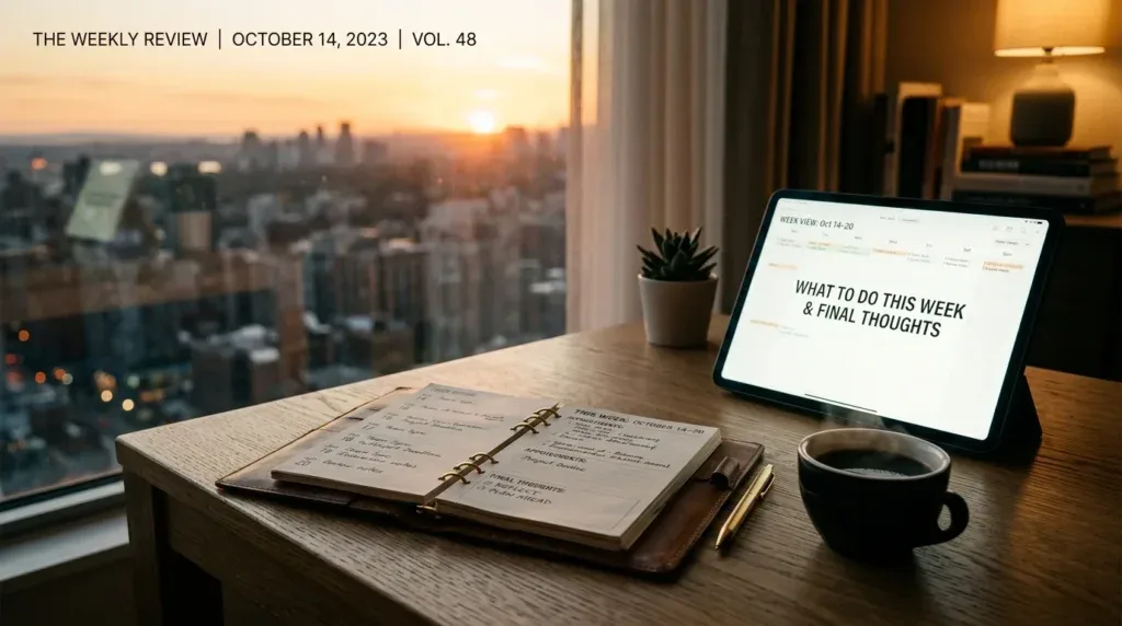 For this article, select a creative concept directly related to the topic, and create visuals with cinematic quality and the aesthetic of an editorial magazine cover, ensuring each composition is unique and distinct. The visuals must be in landscape format, with a 16:9 aspect ratio, and feature a wide, horizontal composition—vertical or square formats are strictly prohibited. Wide landscape format only, no portrait, no square.“What to Do This Week & Final Thoughts”