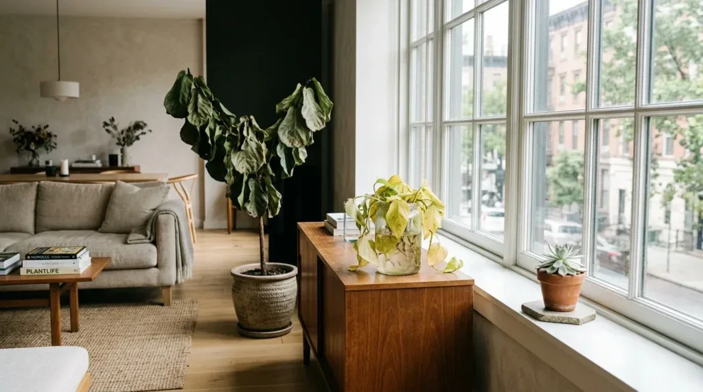 For this article, select a creative concept directly related to the topic, and create visuals with cinematic quality and the aesthetic of an editorial magazine cover, ensuring each composition is unique and distinct. The visuals must be in landscape format, with a 16:9 aspect ratio, and feature a wide, horizontal composition—vertical or square formats are strictly prohibited. Wide landscape format only, no portrait, no square.“Common Mistakes to Avoid with Small Space Houseplants”