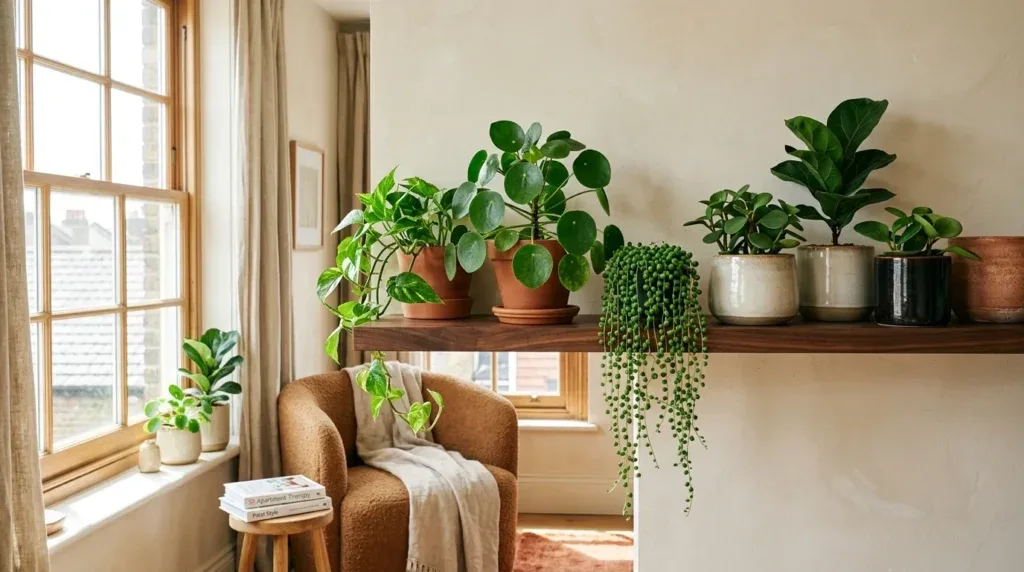 For this article, select a creative concept directly related to the topic, and create visuals with cinematic quality and the aesthetic of an editorial magazine cover, ensuring each composition is unique and distinct. The visuals must be in landscape format, with a 16:9 aspect ratio, and feature a wide, horizontal composition—vertical or square formats are strictly prohibited. Wide landscape format only, no portrait, no square.“Our Top Picks: Compact Houseplants That Love Small Spaces”
