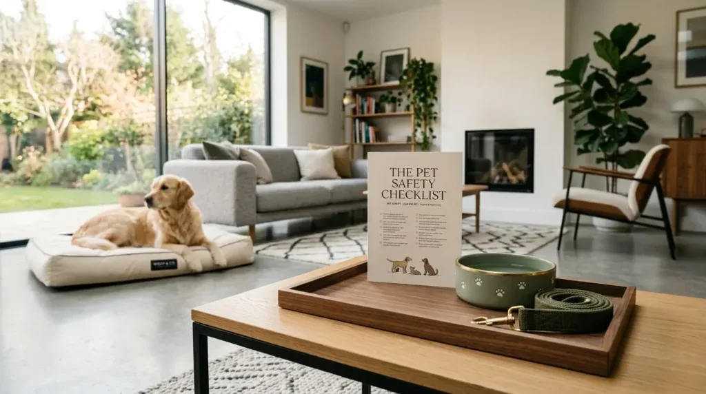 For this article, select a creative concept directly related to the topic, and create visuals with cinematic quality and the aesthetic of an editorial magazine cover, ensuring each composition is unique and distinct. The visuals must be in landscape format, with a 16:9 aspect ratio, and feature a wide, horizontal composition—vertical or square formats are strictly prohibited. Wide landscape format only, no portrait, no square.“Quick Pet-Safety Checklist for This Week”
