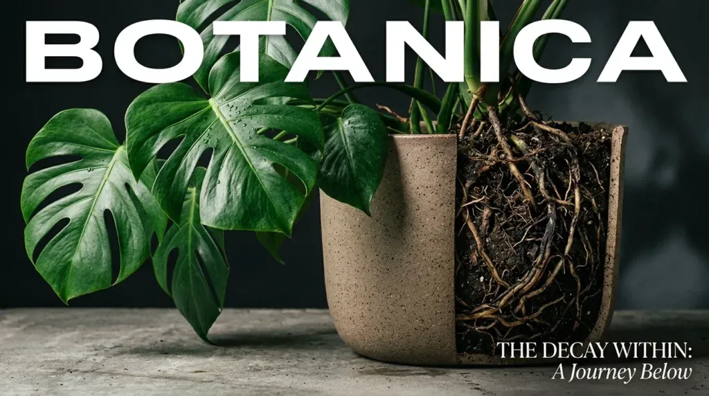 For this article, select a creative concept directly related to the topic, and create visuals with cinematic quality and the aesthetic of an editorial magazine cover, ensuring each composition is unique and distinct. The visuals must be in landscape format, with a 16:9 aspect ratio, and feature a wide, horizontal composition—vertical or square formats are strictly prohibited. Wide landscape format only, no portrait, no square.“Decoding the Distress: Early Signs of Root Rot & Confirmation”