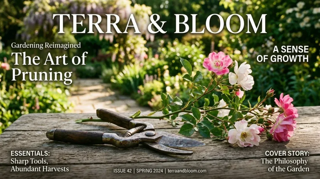 For this article, select a creative concept directly related to the topic, and create visuals with cinematic quality and the aesthetic of an editorial magazine cover, ensuring each composition is unique and distinct. The visuals must be in landscape format, with a 16:9 aspect ratio, and feature a wide, horizontal composition—vertical or square formats are strictly prohibited. Wide landscape format only, no portrait, no square.“When to Prune & Common Pitfalls to Avoid”