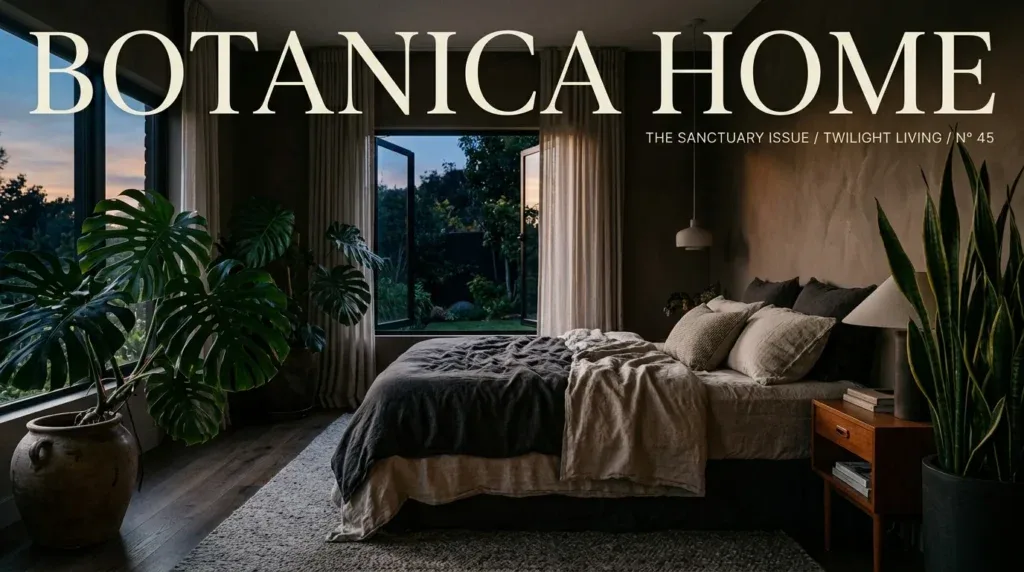 For this article, select a creative concept directly related to the topic, and create visuals with cinematic quality and the aesthetic of an editorial magazine cover, ensuring each composition is unique and distinct. The visuals must be in landscape format, with a 16:9 aspect ratio, and feature a wide, horizontal composition—vertical or square formats are strictly prohibited. Wide landscape format only, no portrait, no square.“Meet the Sleep Superstars: Top Houseplants for Your Bedroom”