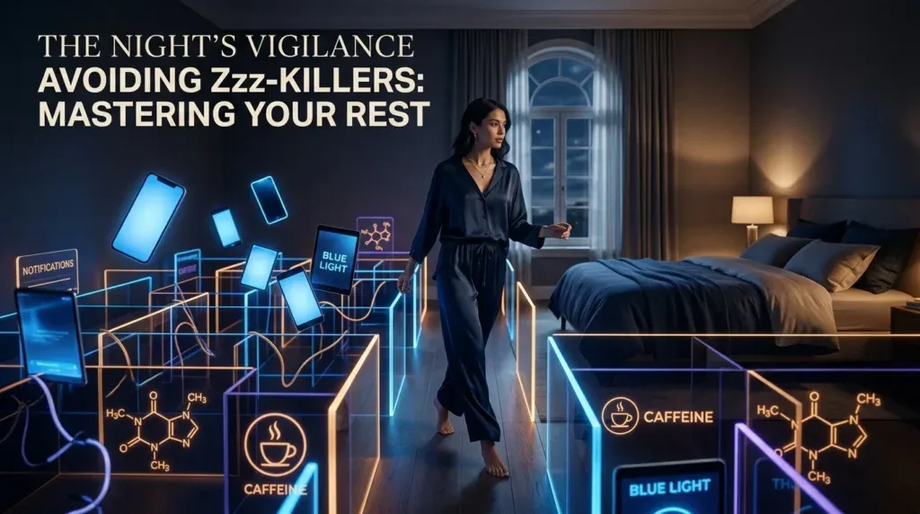 For this article, select a creative concept directly related to the topic, and create visuals with cinematic quality and the aesthetic of an editorial magazine cover, ensuring each composition is unique and distinct. The visuals must be in landscape format, with a 16:9 aspect ratio, and feature a wide, horizontal composition—vertical or square formats are strictly prohibited. Wide landscape format only, no portrait, no square.“Avoiding Zzz-Killers: Common Mistakes to Sidestep”