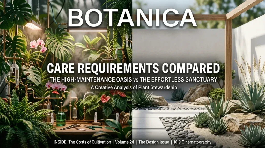 For this article, select a creative concept directly related to the topic, and create visuals with cinematic quality and the aesthetic of an editorial magazine cover, ensuring each composition is unique and distinct. The visuals must be in landscape format, with a 16:9 aspect ratio, and feature a wide, horizontal composition—vertical or square formats are strictly prohibited. Wide landscape format only, no portrait, no square.“Head-to-Head: Care Requirements Compared”