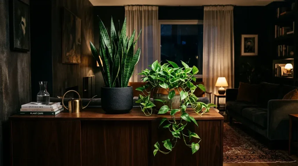 For this article, select a creative concept directly related to the topic, and create visuals with cinematic quality and the aesthetic of an editorial magazine cover, ensuring each composition is unique and distinct. The visuals must be in landscape format, with a 16:9 aspect ratio, and feature a wide, horizontal composition—vertical or square formats are strictly prohibited. Wide landscape format only, no portrait, no square.“Essential Care Tips for Low Light Plant Success”