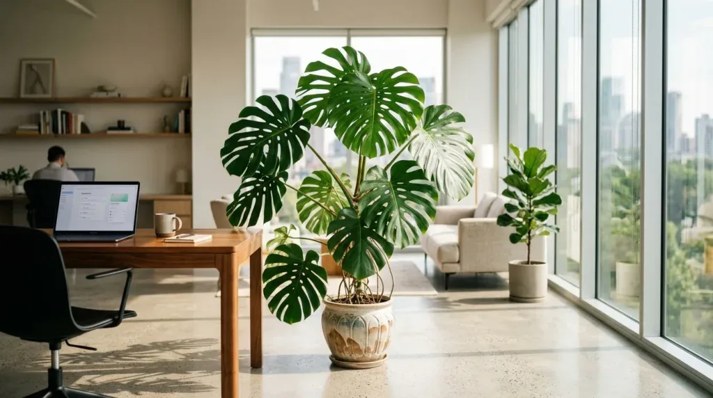 For this article, select a creative concept directly related to the topic, and create visuals with cinematic quality and the aesthetic of an editorial magazine cover, ensuring each composition is unique and distinct. The visuals must be in landscape format, with a 16:9 aspect ratio, and feature a wide, horizontal composition—vertical or square formats are strictly prohibited. Wide landscape format only, no portrait, no square.“Choosing Your Green Office Companion: Key Considerations”
