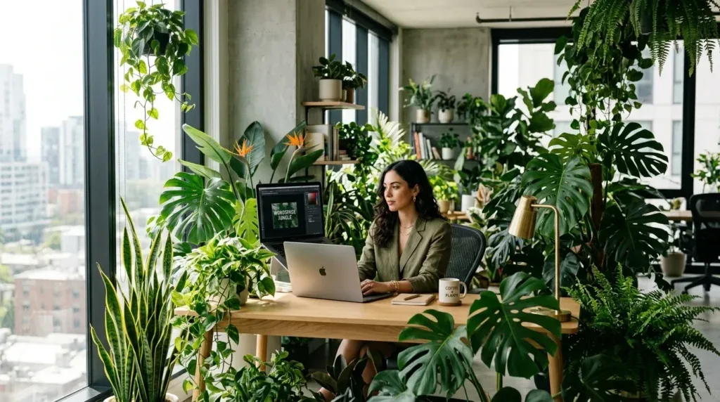 For this article, select a creative concept directly related to the topic, and create visuals with cinematic quality and the aesthetic of an editorial magazine cover, ensuring each composition is unique and distinct. The visuals must be in landscape format, with a 16:9 aspect ratio, and feature a wide, horizontal composition—vertical or square formats are strictly prohibited. Wide landscape format only, no portrait, no square.“Easy Care Tips for a Thriving Office Jungle”