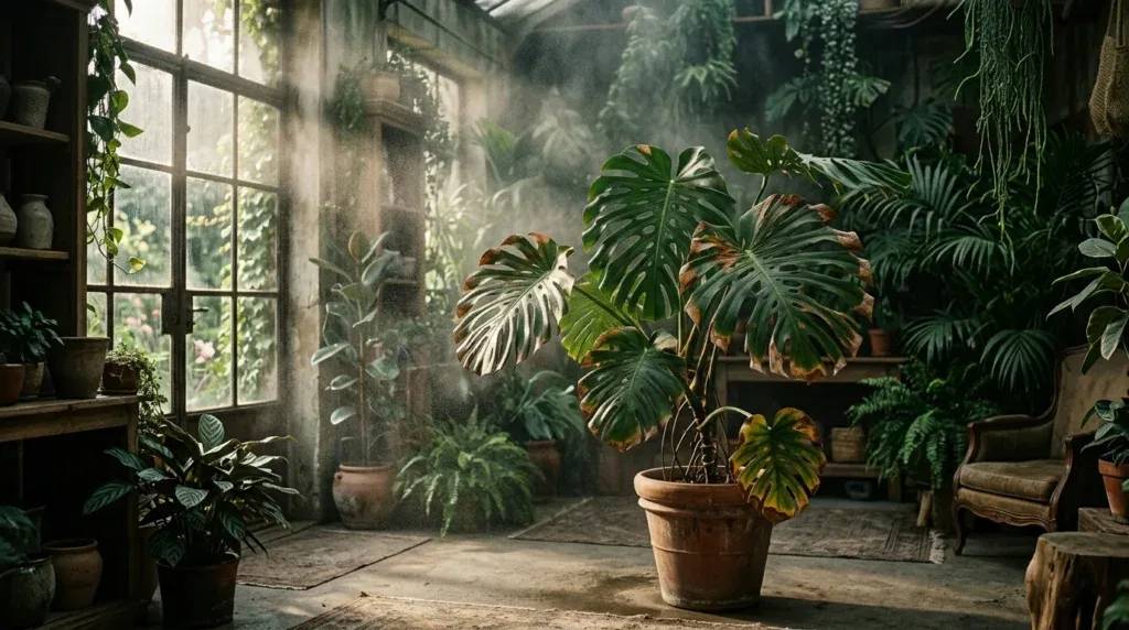 For this article, select a creative concept directly related to the topic, and create visuals with cinematic quality and the aesthetic of an editorial magazine cover, ensuring each composition is unique and distinct. The visuals must be in landscape format, with a 16:9 aspect ratio, and feature a wide, horizontal composition—vertical or square formats are strictly prohibited. Wide landscape format only, no portrait, no square.“Spotting the Signs: Does Your Plant Need More Humidity?”