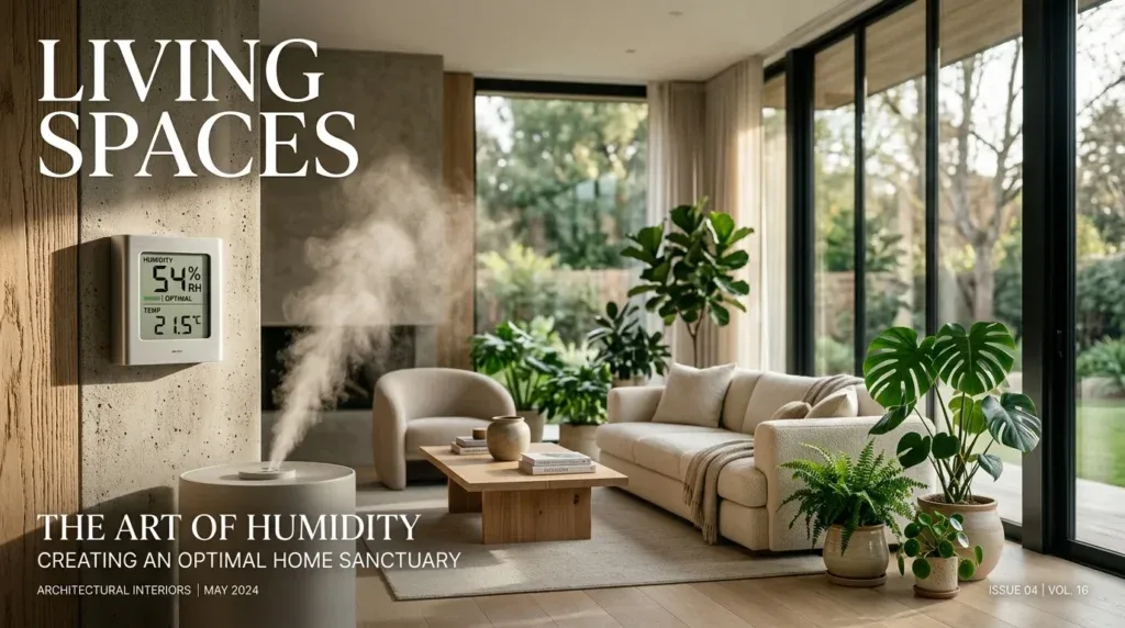 For this article, select a creative concept directly related to the topic, and create visuals with cinematic quality and the aesthetic of an editorial magazine cover, ensuring each composition is unique and distinct. The visuals must be in landscape format, with a 16:9 aspect ratio, and feature a wide, horizontal composition—vertical or square formats are strictly prohibited. Wide landscape format only, no portrait, no square.“Monitoring & Maintaining Optimal Humidity Levels”