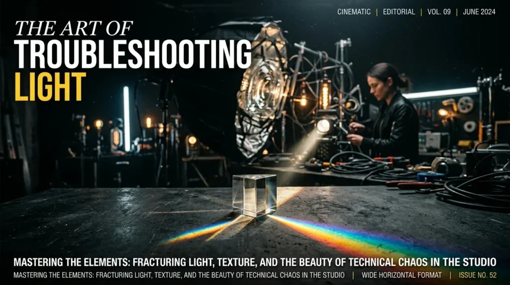 For this article, select a creative concept directly related to the topic, and create visuals with cinematic quality and the aesthetic of an editorial magazine cover, ensuring each composition is unique and distinct. The visuals must be in landscape format, with a 16:9 aspect ratio, and feature a wide, horizontal composition—vertical or square formats are strictly prohibited. Wide landscape format only, no portrait, no square.“Troubleshooting Light-Related Issues & Common Mistakes”