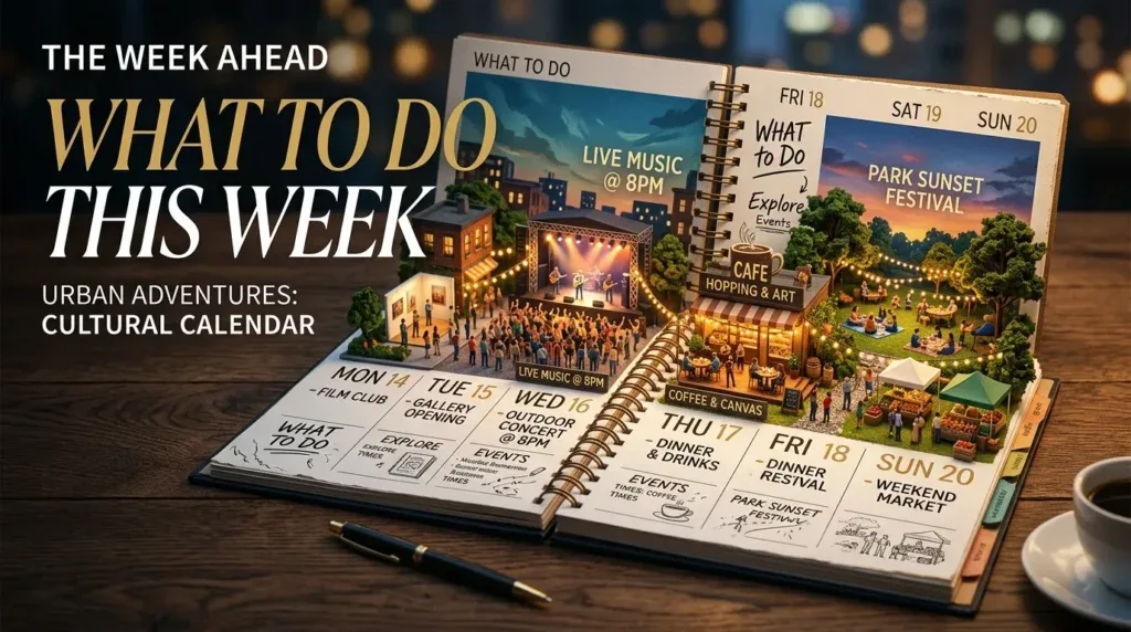 For this article, select a creative concept directly related to the topic, and create visuals with cinematic quality and the aesthetic of an editorial magazine cover, ensuring each composition is unique and distinct. The visuals must be in landscape format, with a 16:9 aspect ratio, and feature a wide, horizontal composition—vertical or square formats are strictly prohibited. Wide landscape format only, no portrait, no square.“Quick "What to Do This Week" Takeaway”
